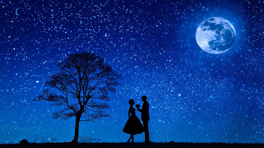 HD wallpaper: Photo Illustration of two lovers under the full moon on a  starry night. | Wallpaper Flare