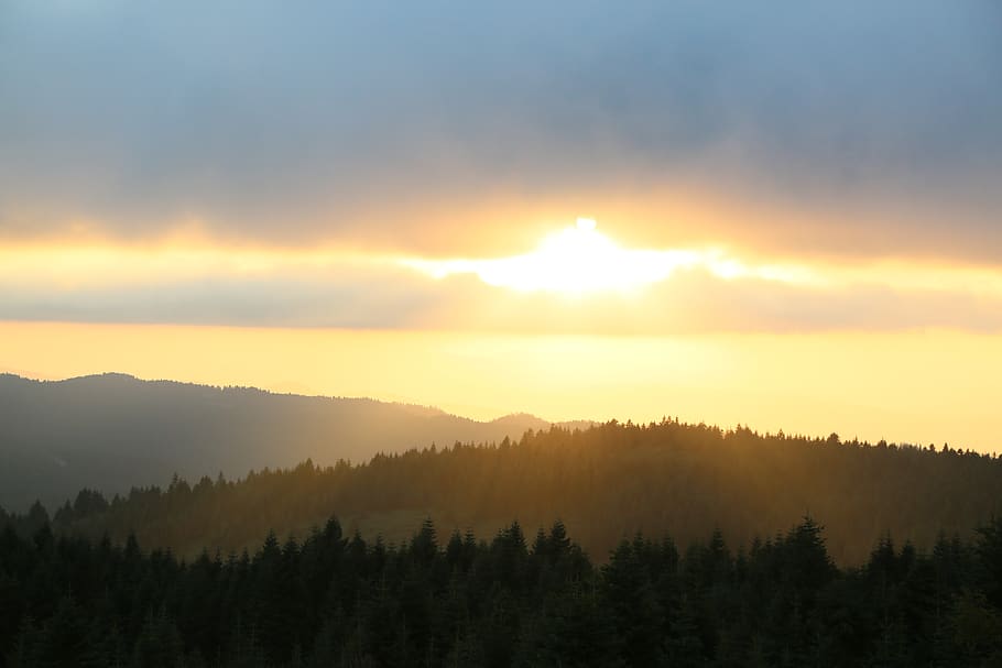 sunset, nature, sky, clouds, forest, solar, mountain, open air HD wallpaper
