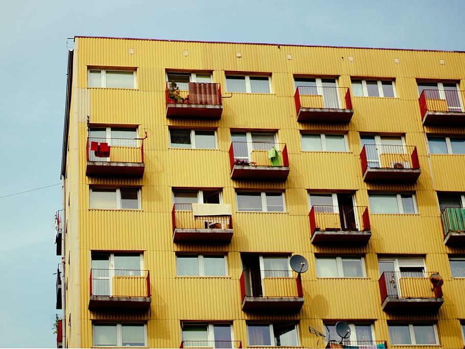 yellow building with balcony, city, high rise, town, urban, housing HD wallpaper