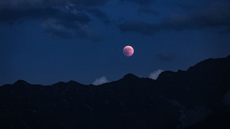 lunar eclipse, mountain, moon, night, sky, ridge, silhouette HD wallpaper
