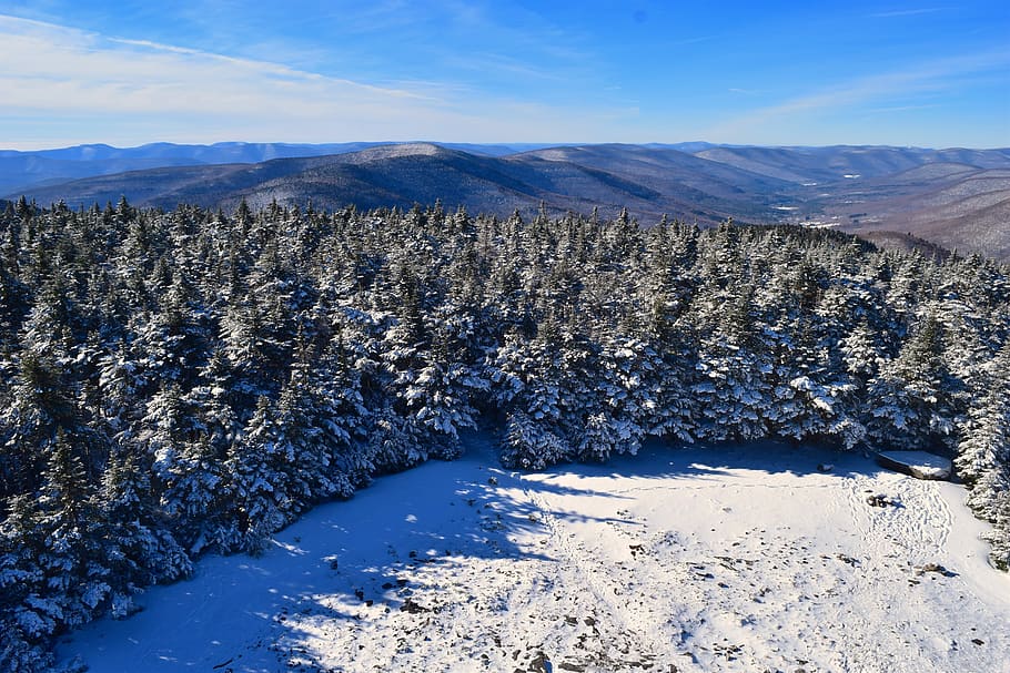 trees, mountains, landscape, nature, snow, winter, forest, clouds HD wallpaper