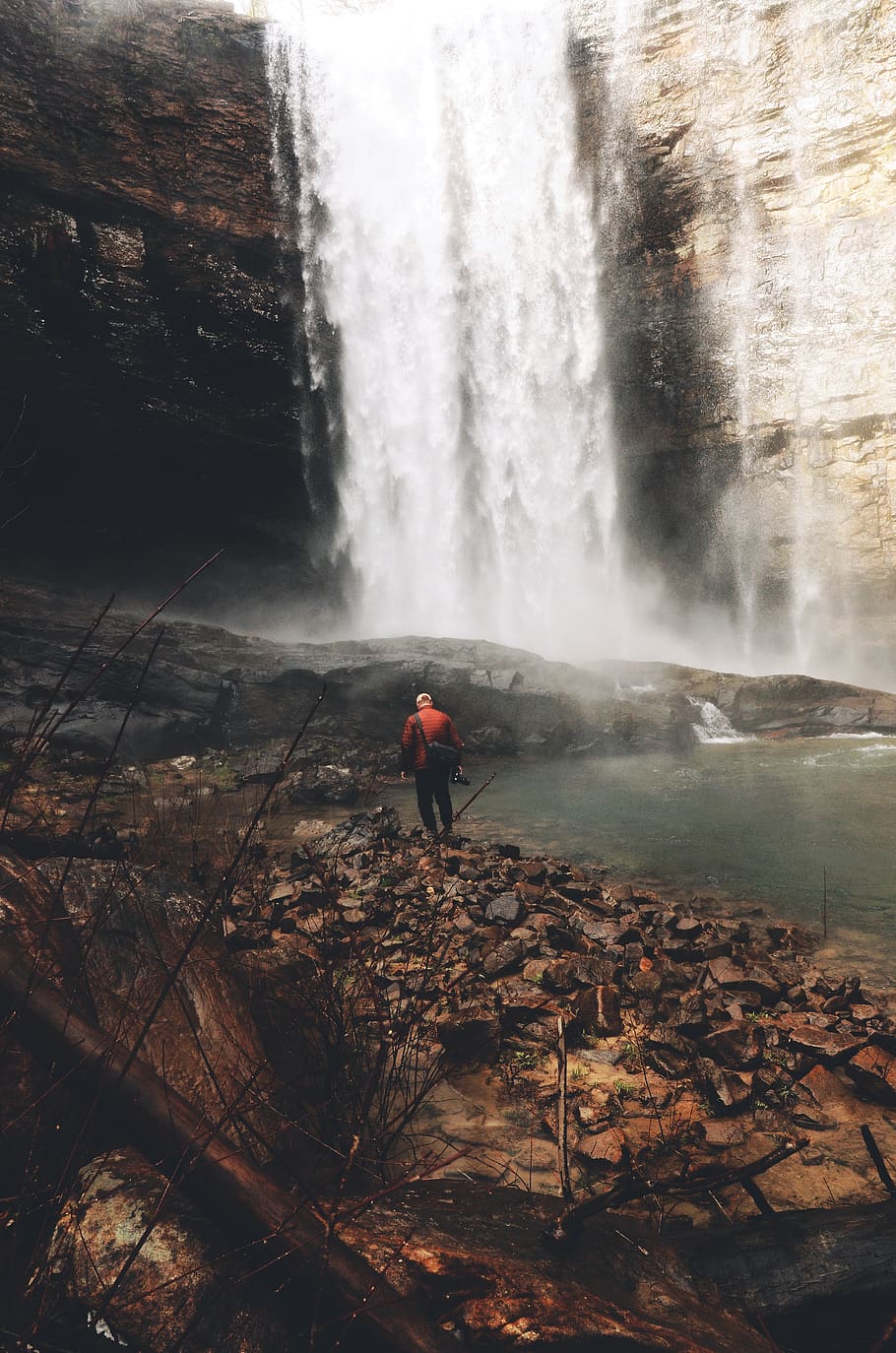 man near waterfall, long exposure, one person, scenics - nature HD wallpaper