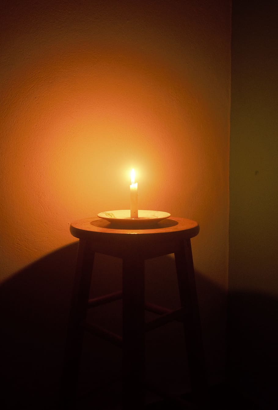 candle, stool, wooden, light, fire, melt, round, shadows, indoors HD wallpaper