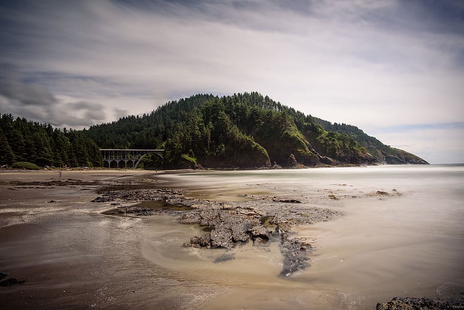 sea, ocean, water, waves, nature, mountain, trees, plants, bridge HD wallpaper