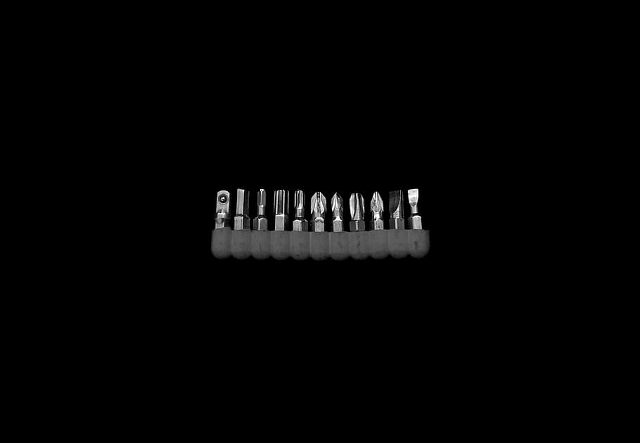 stainless steel screwdriver bit set, copy space, black background HD wallpaper