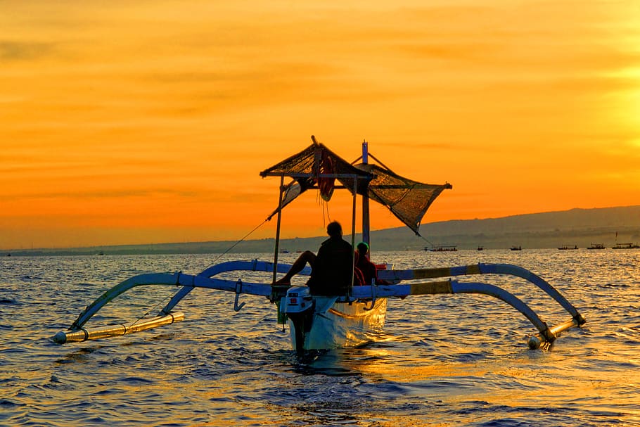 indonesia, lovina beach, dawn, ocean, bali, jukung, outrigger, HD wallpaper