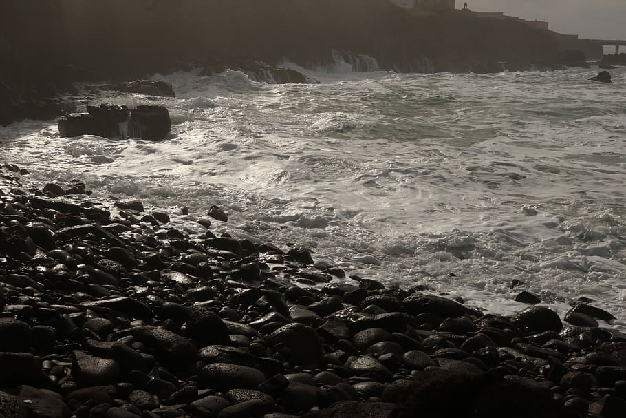sea, cloudy, beach, water, rock, solid, motion, sport, beauty in nature HD wallpaper