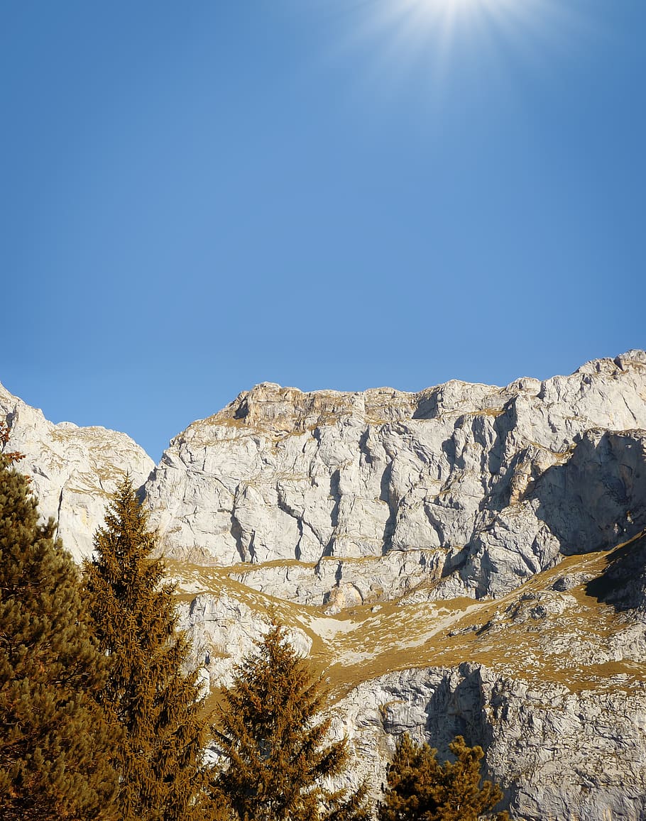landscape, mountains, rock, trees, sky, nature, beauty in nature, HD wallpaper