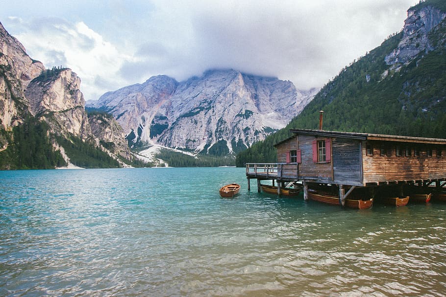italy, lago di braies, boat, trees, lake, clouds, dolomites, HD wallpaper