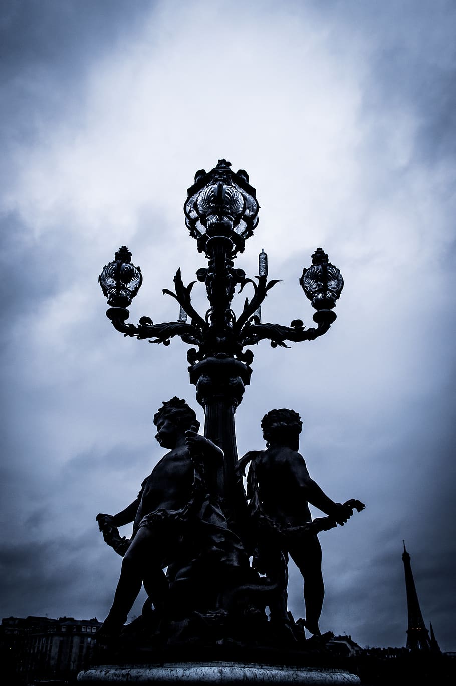 paris, light, eiffel, bridge, architecture, blue, black, statue HD wallpaper