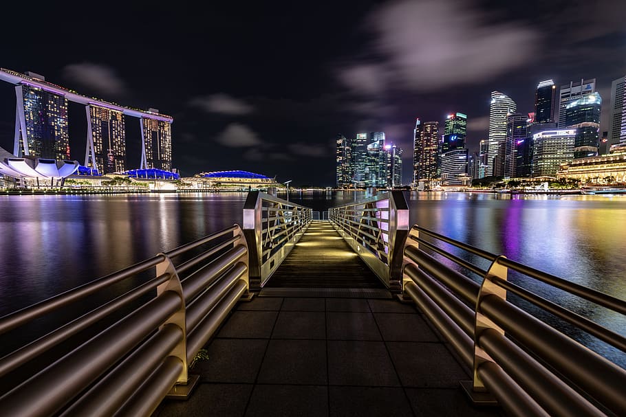 brown dock under gray sky, night, wallpaper, longexposure, urban HD wallpaper