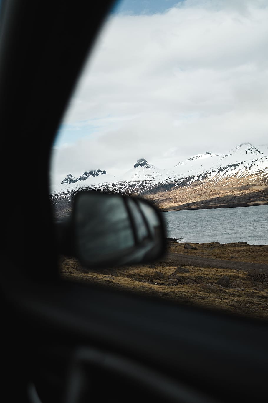 car passing by snow covered mountain, window, mirror, vehicle, HD wallpaper
