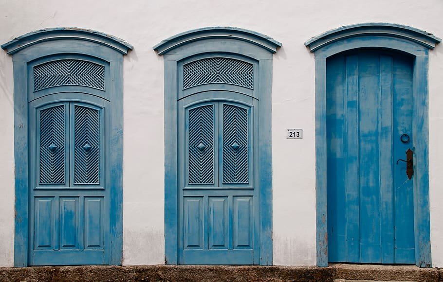 closed blue doors, window, building, built structure, architecture HD wallpaper