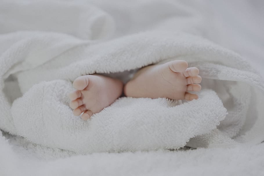 barefooted baby covering white blanket, young, one person, indoors HD wallpaper