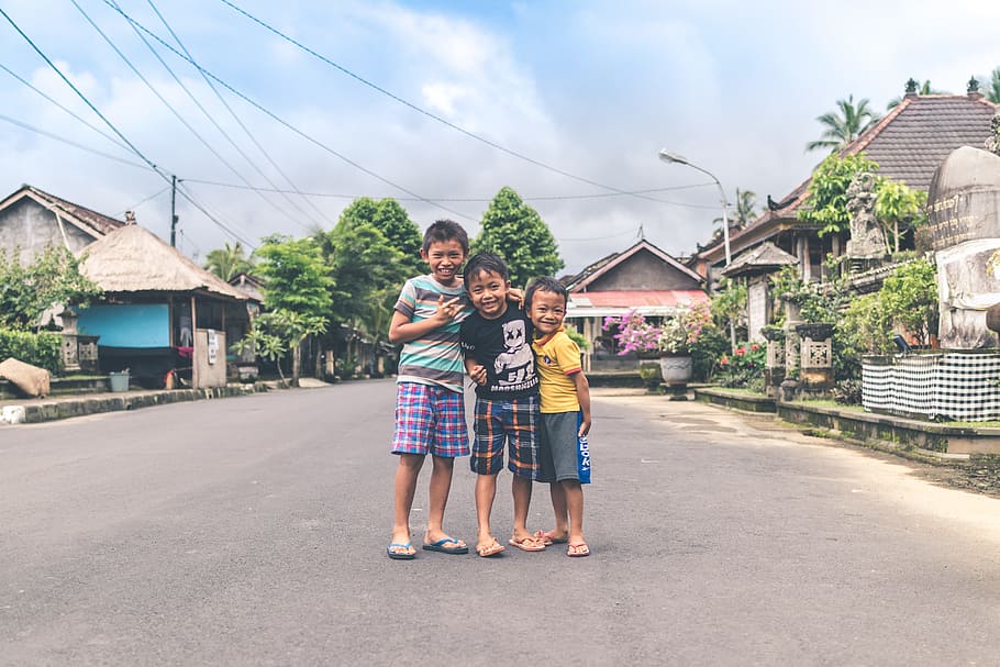 Three Boys Standing on Road, Asian, asphalt, cheerful, childhood
