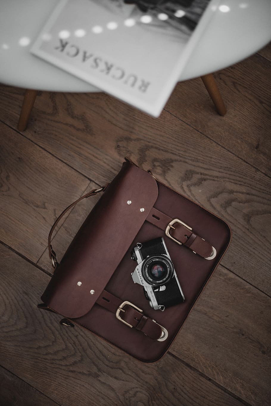 brown leather case on brown surface, high angle view, table, communication HD wallpaper
