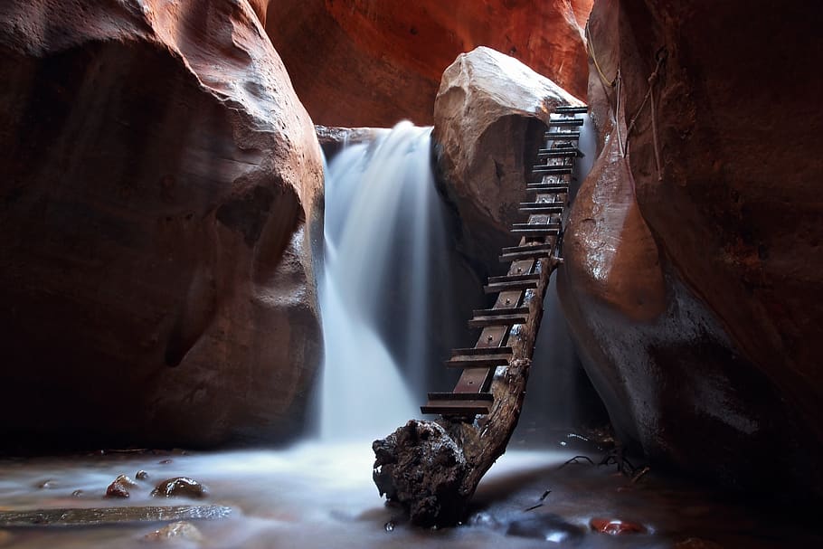 branch, cave, ladder, motion, nature, rock formation, rocky HD wallpaper
