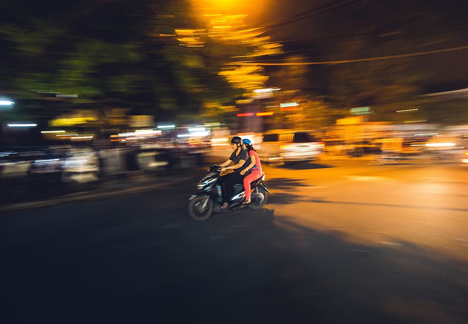 dark, night, city, lights, blur, people, ride, motor, motorcycle HD wallpaper