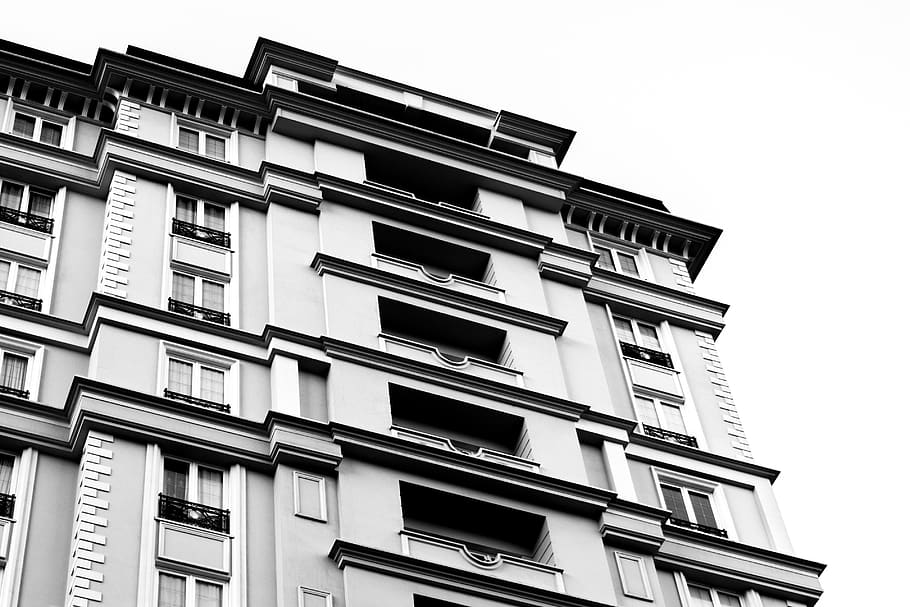 exterior, building, architecture, view, black, white, city