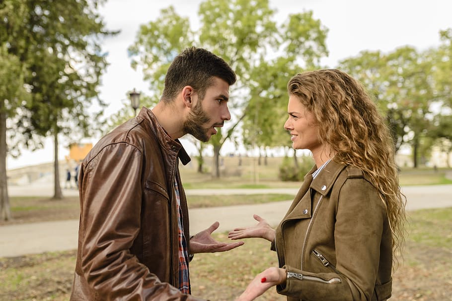 Man And Woman Wearing Brown Leather Jackets, accusation, anger