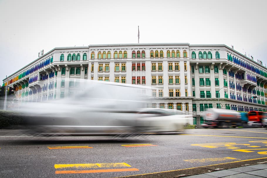 white concrete building, motion, transportation, mode of transportation HD wallpaper