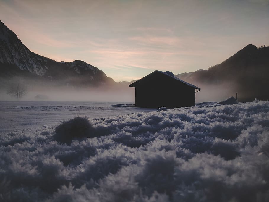 Silhouette of House Near Mountains, austria, cold, daylight, fog HD wallpaper