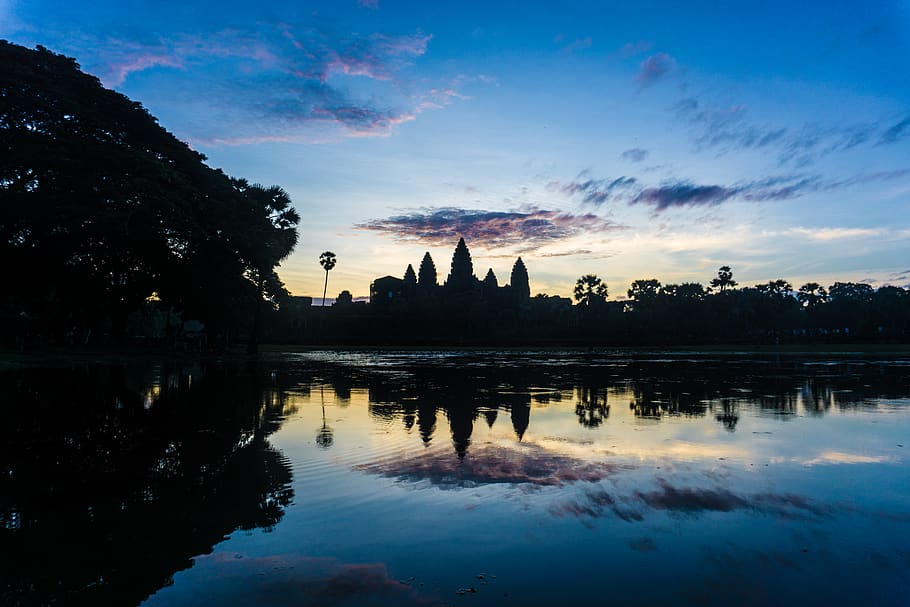 cambodia, angkor wat, krong siem reap, water, sky, sunrise