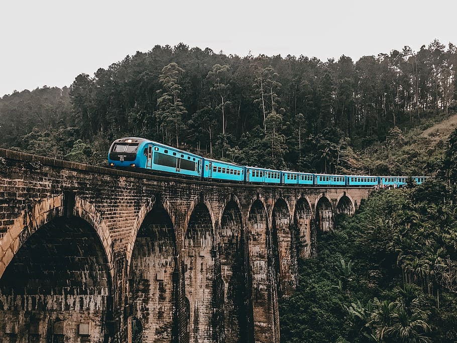 blue train on bridge, building, viaduct, transportation, vehicle