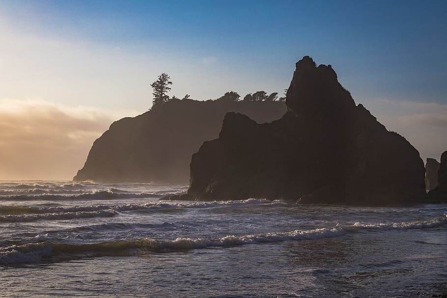 beach, coast, waves, sunset, rugged, pnw, bluff, dramatic, washington HD wallpaper