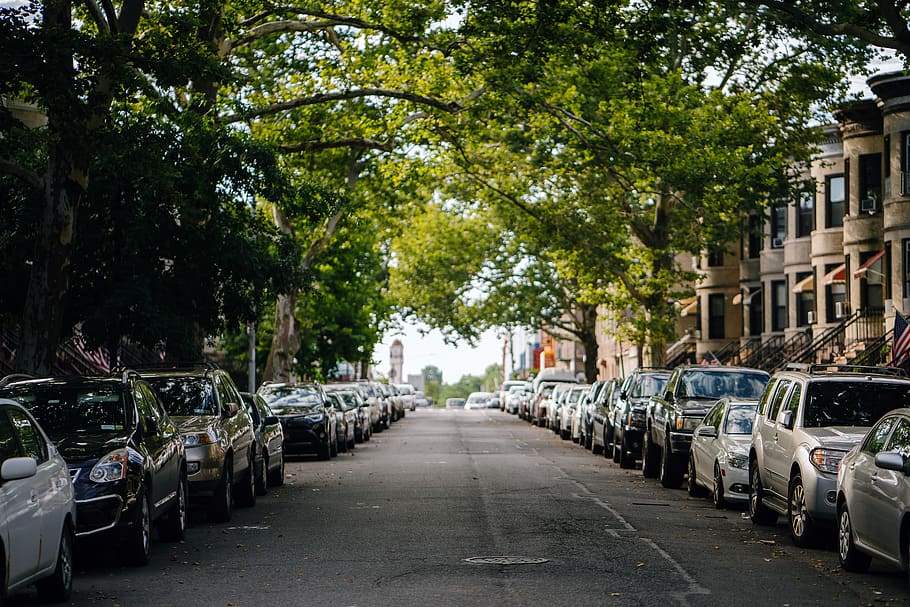 Photo of Cars Parked Along Roadside, 4k wallpaper, automobiles, HD wallpaper