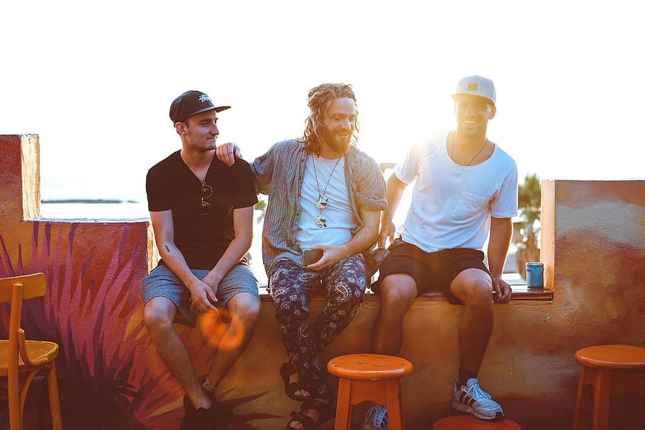 Three Men Sitting on Veranda, adults, bestfriends, bright, cap