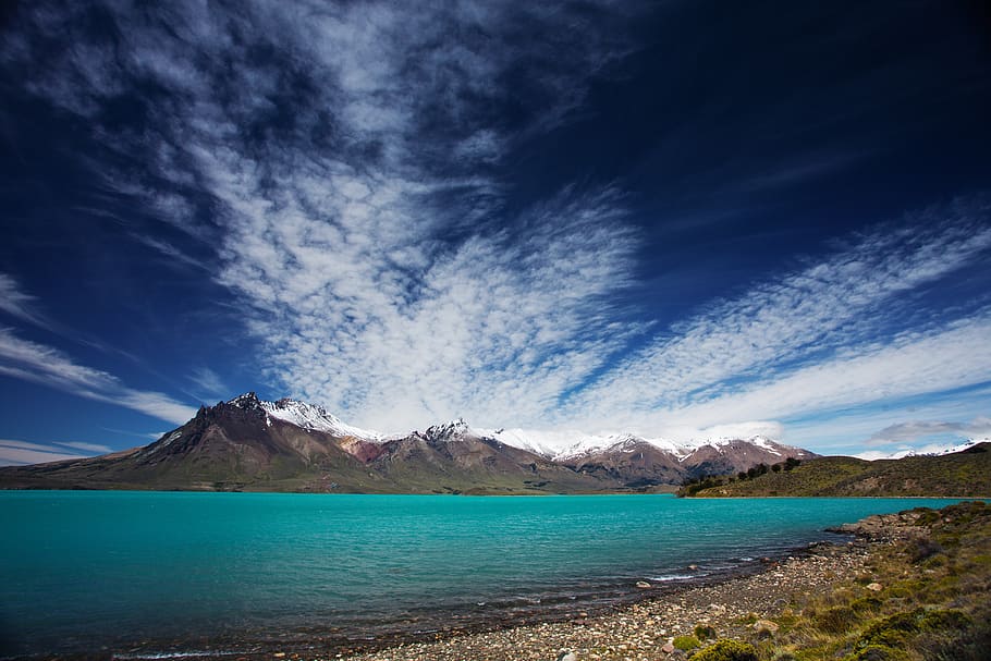 mountains, lake, sky, clouds, hike, landscape, trekking, outdoor HD wallpaper
