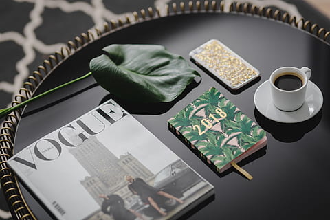 Top view of black table with 2018 calendar agenda, wireless technology HD wallpaper