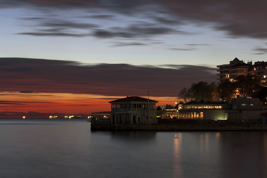 turkey, moda caddesi, sunset, sky, sea, city, lights, dawn HD wallpaper