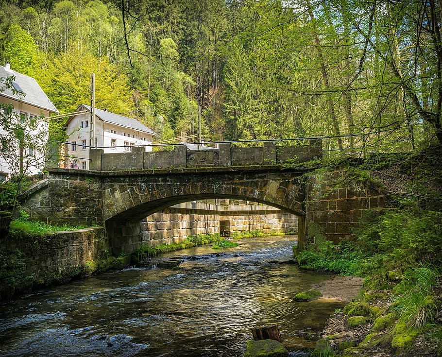 bridge, old, construction, route, path, nature, river, water HD wallpaper