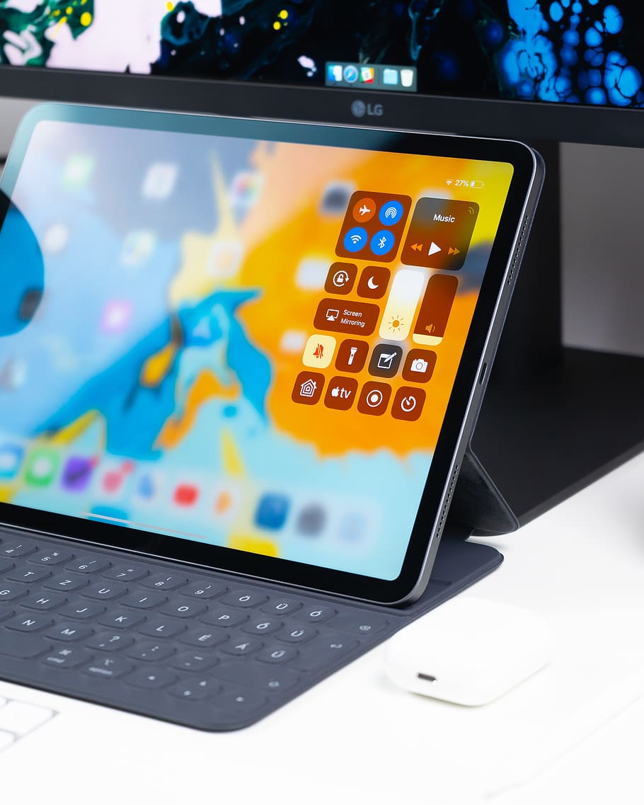 turned on tablet computer on white desk, technology, portable information device HD wallpaper