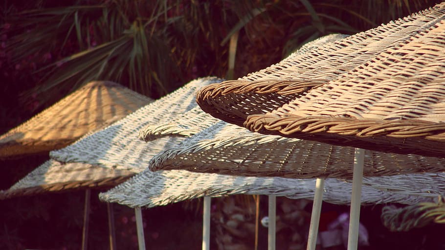 Brown Woven Umbrella, shelter, wicker, wickerwork, textile, no people HD wallpaper