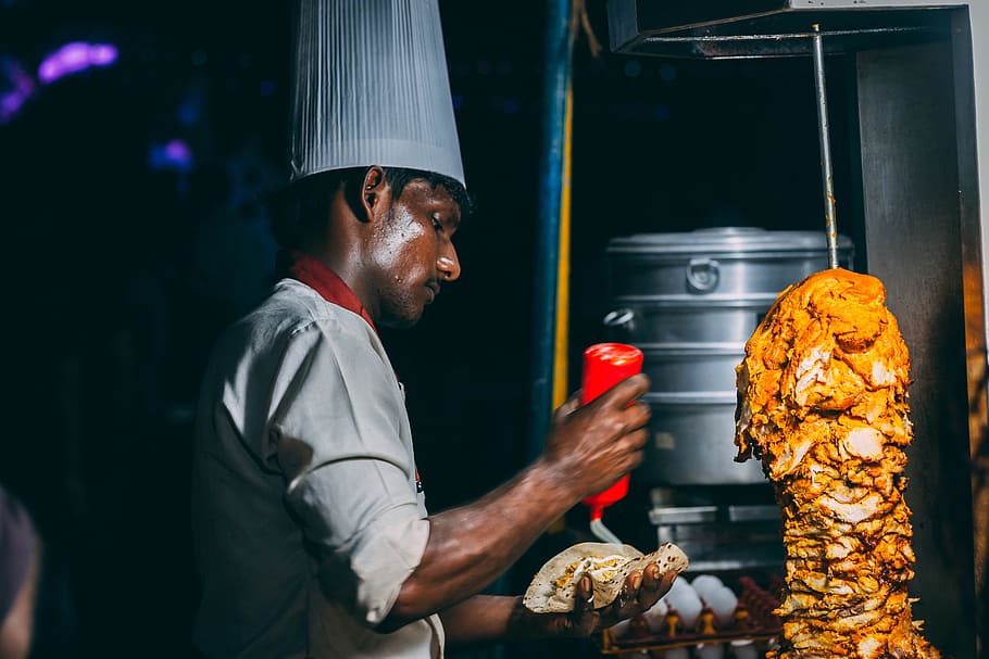 Man Making Food, chicken, cooking, indoors, lights, meat, outfit, HD wallpaper