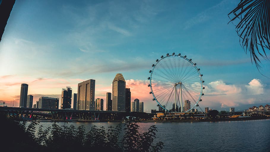 singapore, sunset, colours, blue, pink, pastel, river, sky