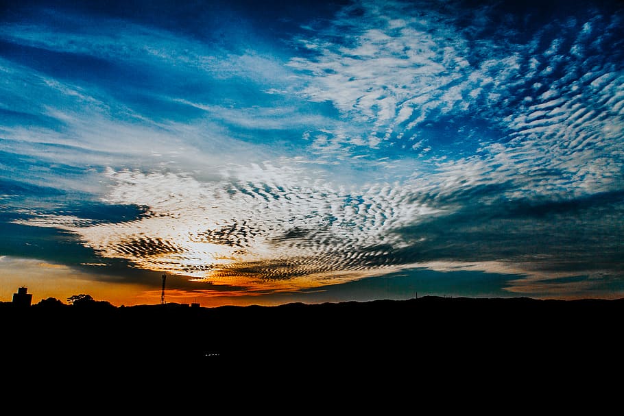 Blue and White Sky, clouds, color, dark, dawn, evening, evening sky HD wallpaper