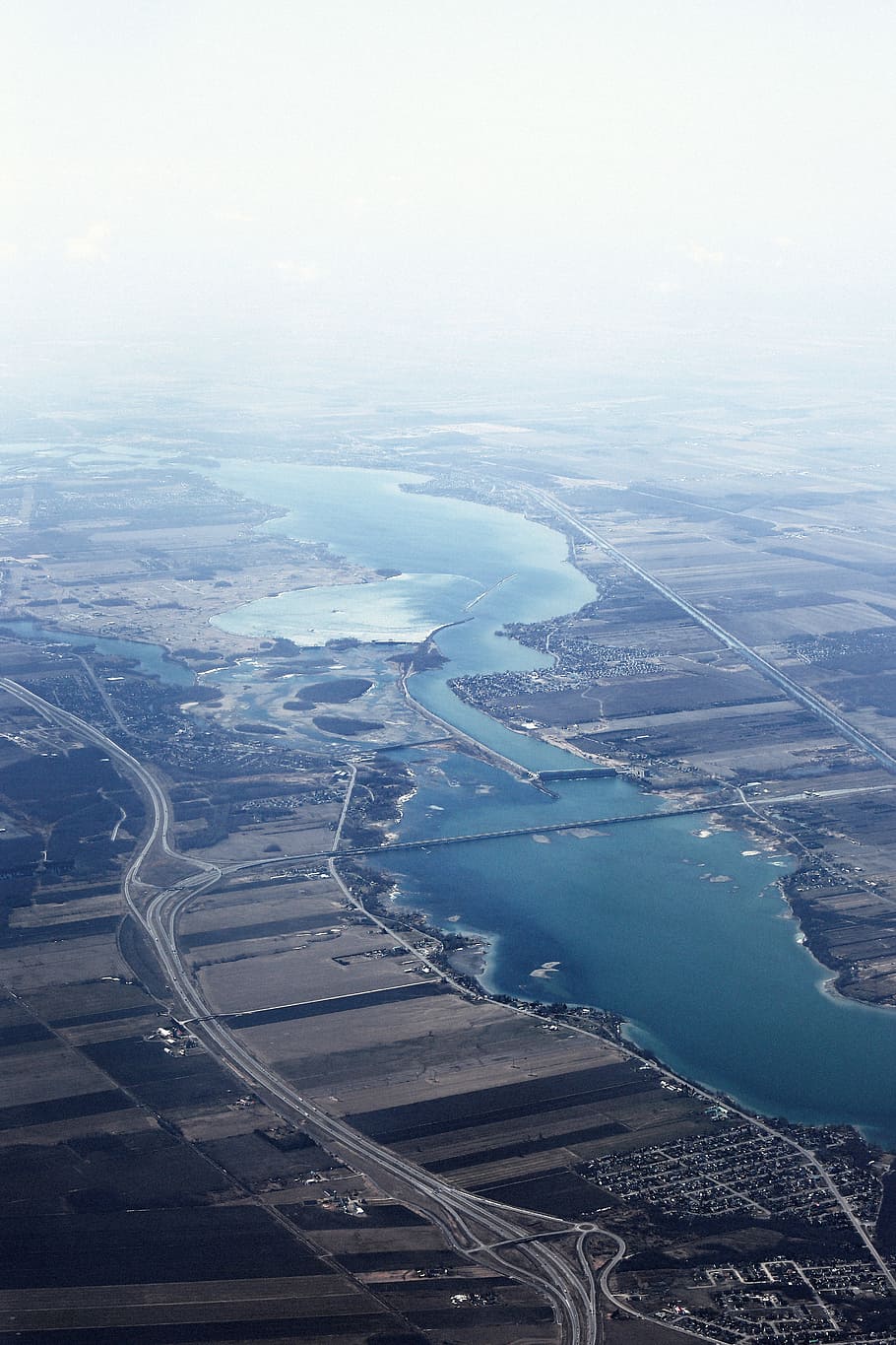 city, lake, river, view, aerial, water, field, land, aerial view HD wallpaper