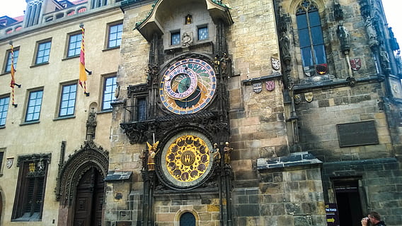 prague, astronomical clock, czechia, brick building, europe HD wallpaper