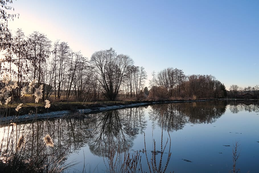 pond, water, mirroring, trees, backlighting, waters, sky, landscape HD wallpaper