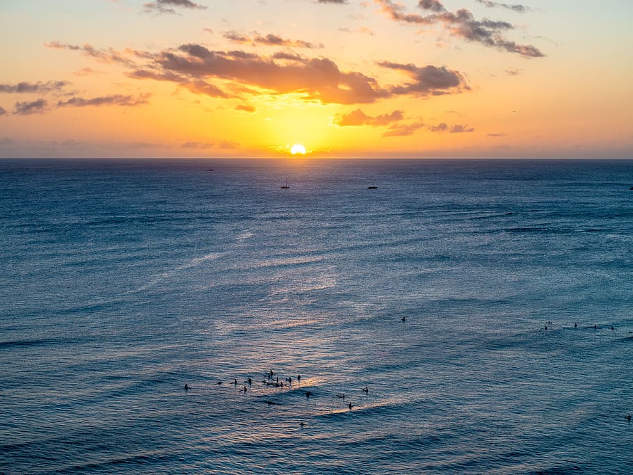 sea water during sunset, nature, outdoors, ocean, sky, sunlight HD wallpaper