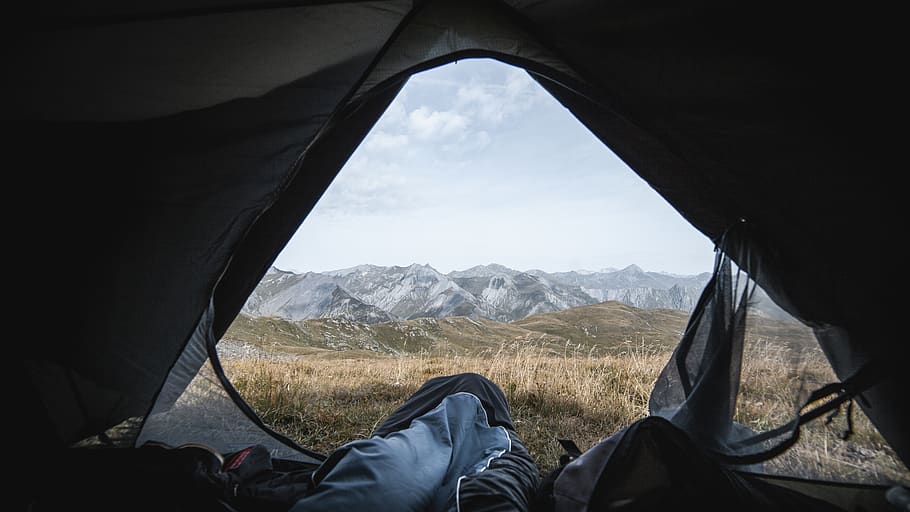 man in tent, camping, mountain tent, leisure activities, les menuires HD wallpaper