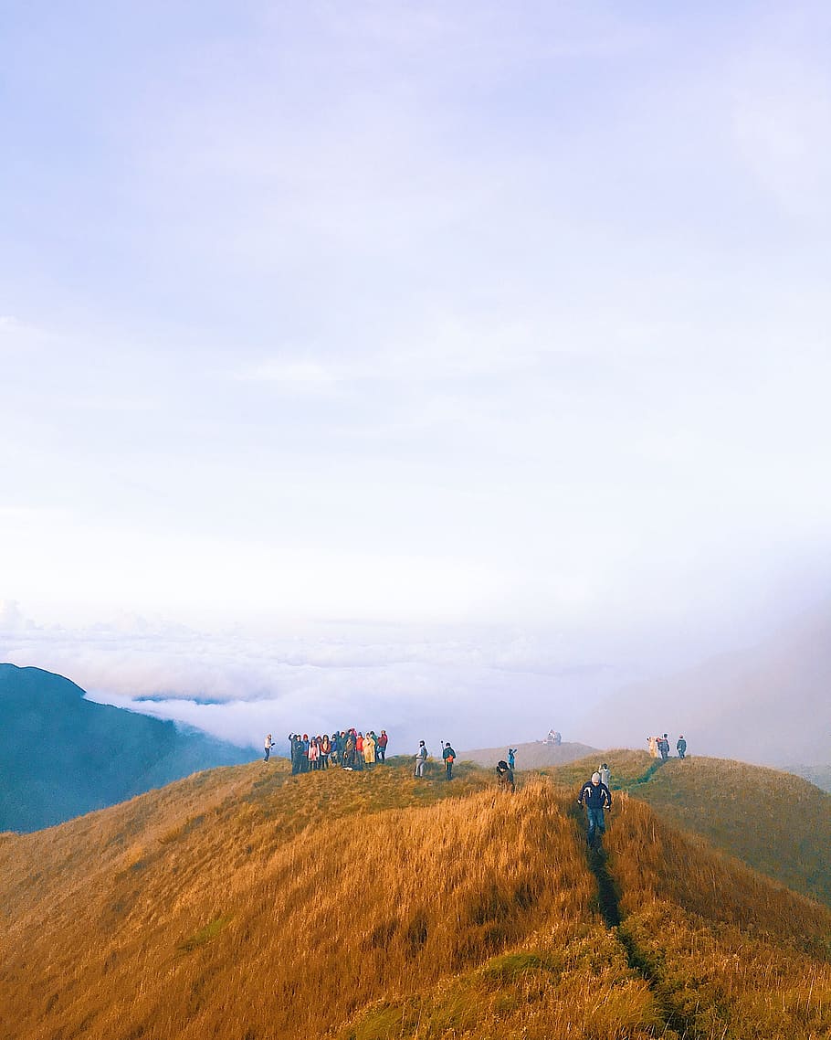 People Standing on Brown Hill, clouds, countryside, daylight HD wallpaper
