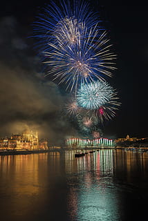 photo of fireworks above body of water, cityscape, celebrate HD wallpaper