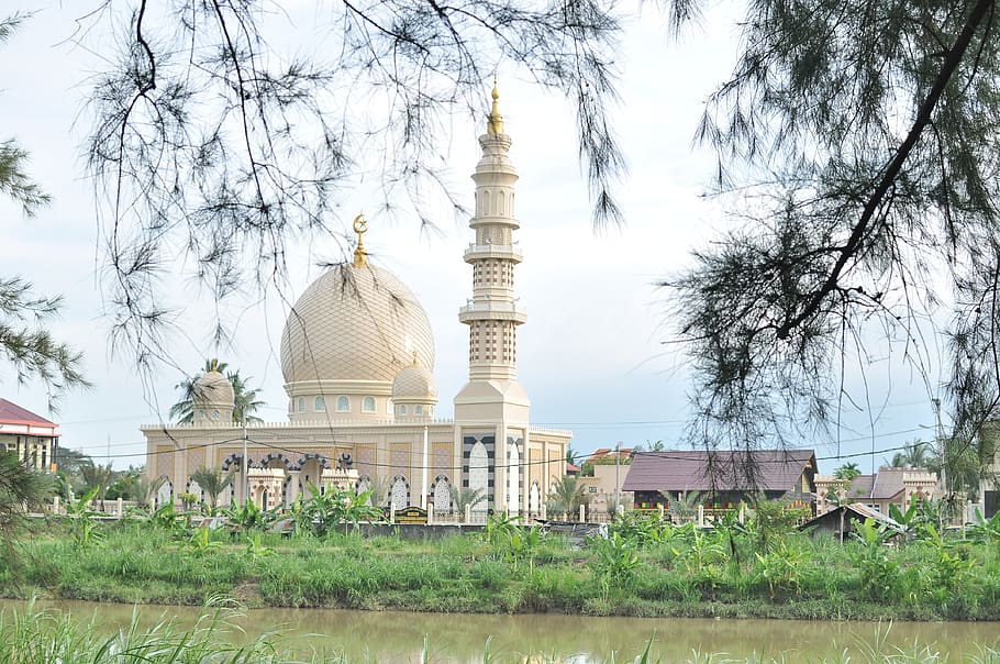 mosque, landscape, nature, green, clouds, tree, water, outdoors HD wallpaper
