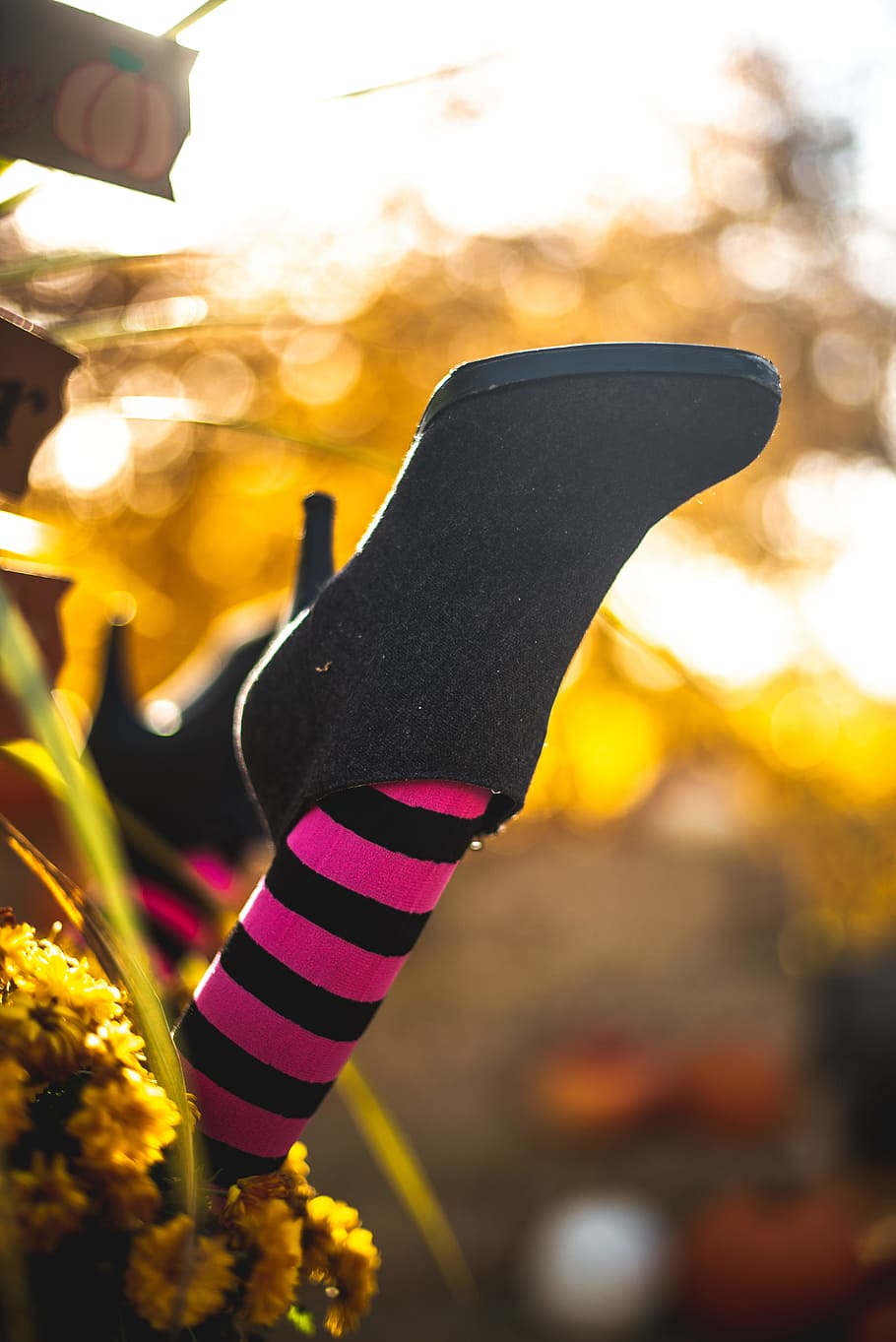 pair of women's black heeled boots, fall, bokeh, socke, halloween HD wallpaper