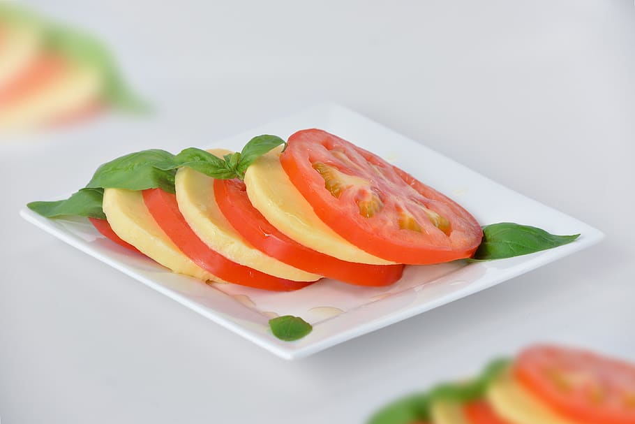 salad, tomato, basil, healthy, red, green, vegetables, food HD wallpaper
